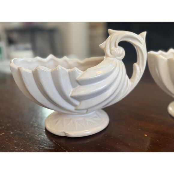 McCoy Pottery White Shell Planter Pair Vintage Ceramic Pedestal Bowls Set - Picture 2 of 16